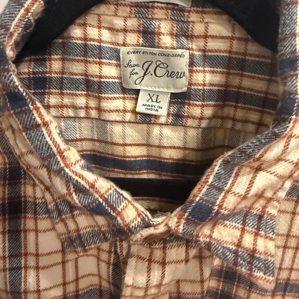 J. Crew Men's Plaid Flannel Shirt in Tan and Blue - Picture 2 of 4
